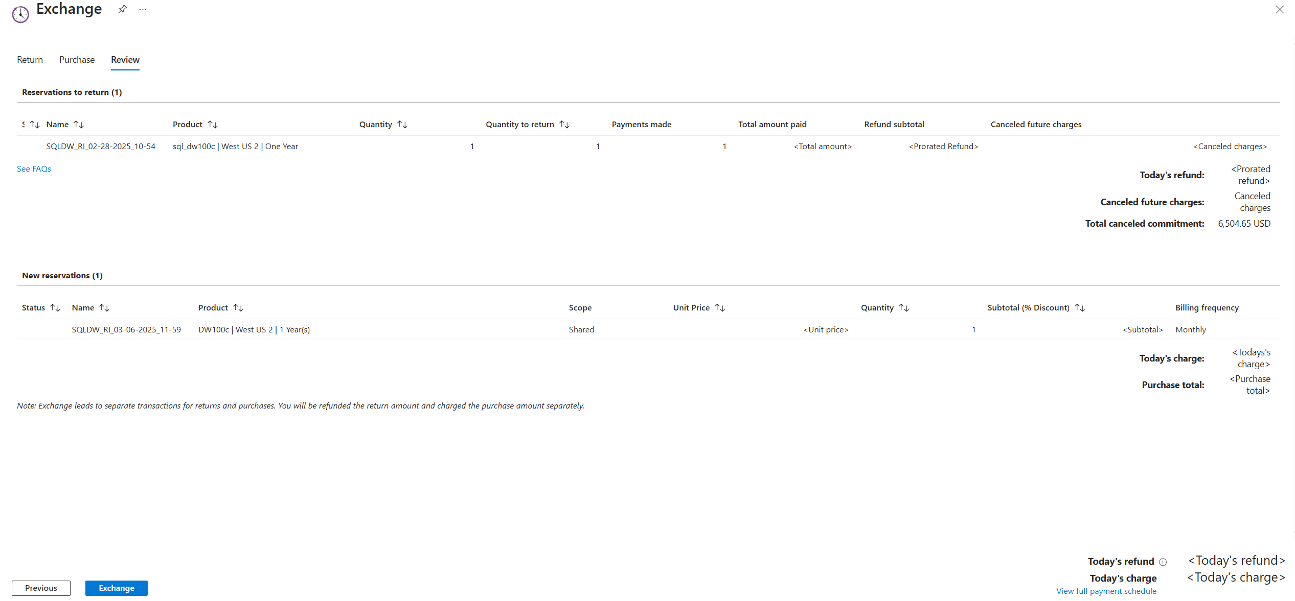 Screenshot showing the VM product to purchase with an exchange, completing the return.