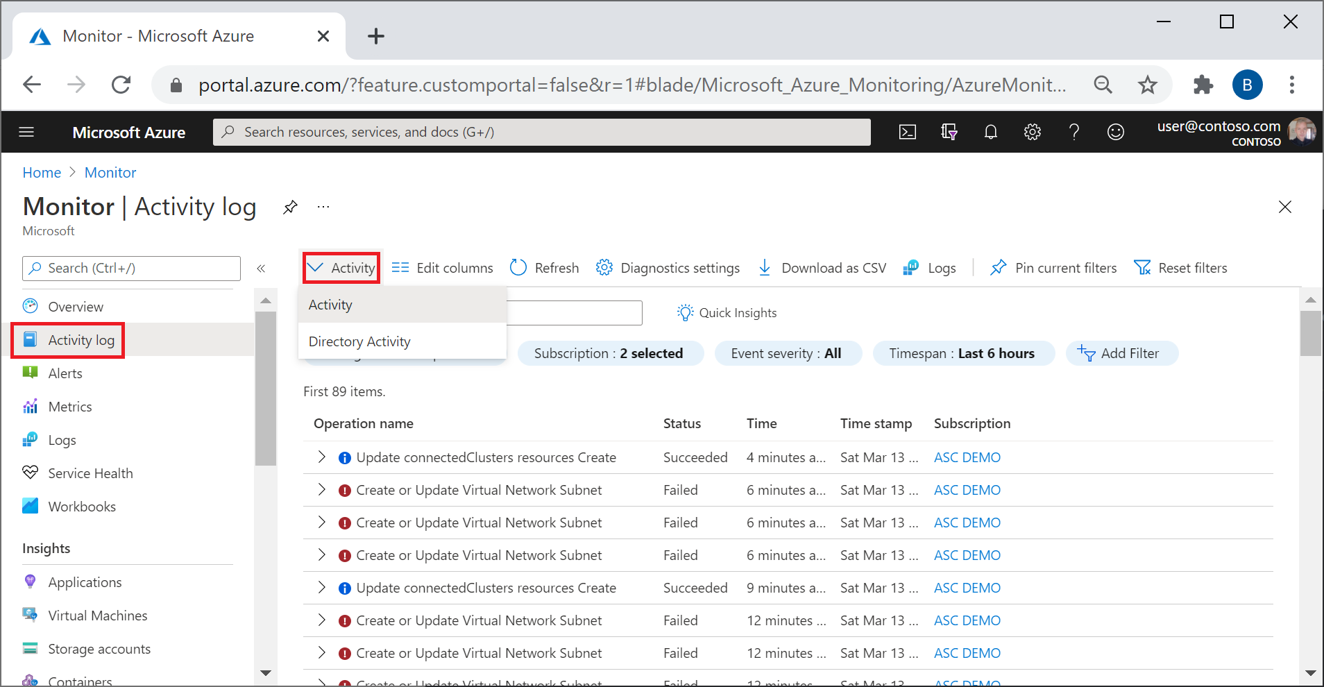 Screenshot showing navigation to Activity log - Activity.