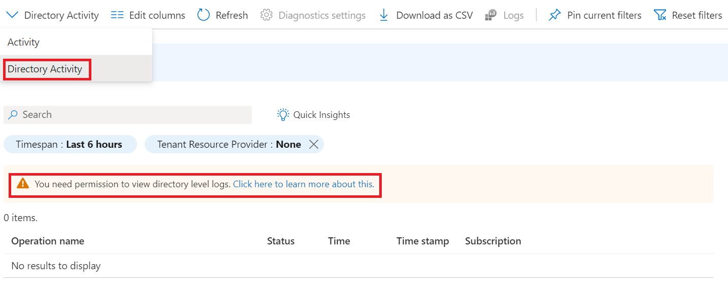 Screenshot showing Directory Activity without permission to view the log.