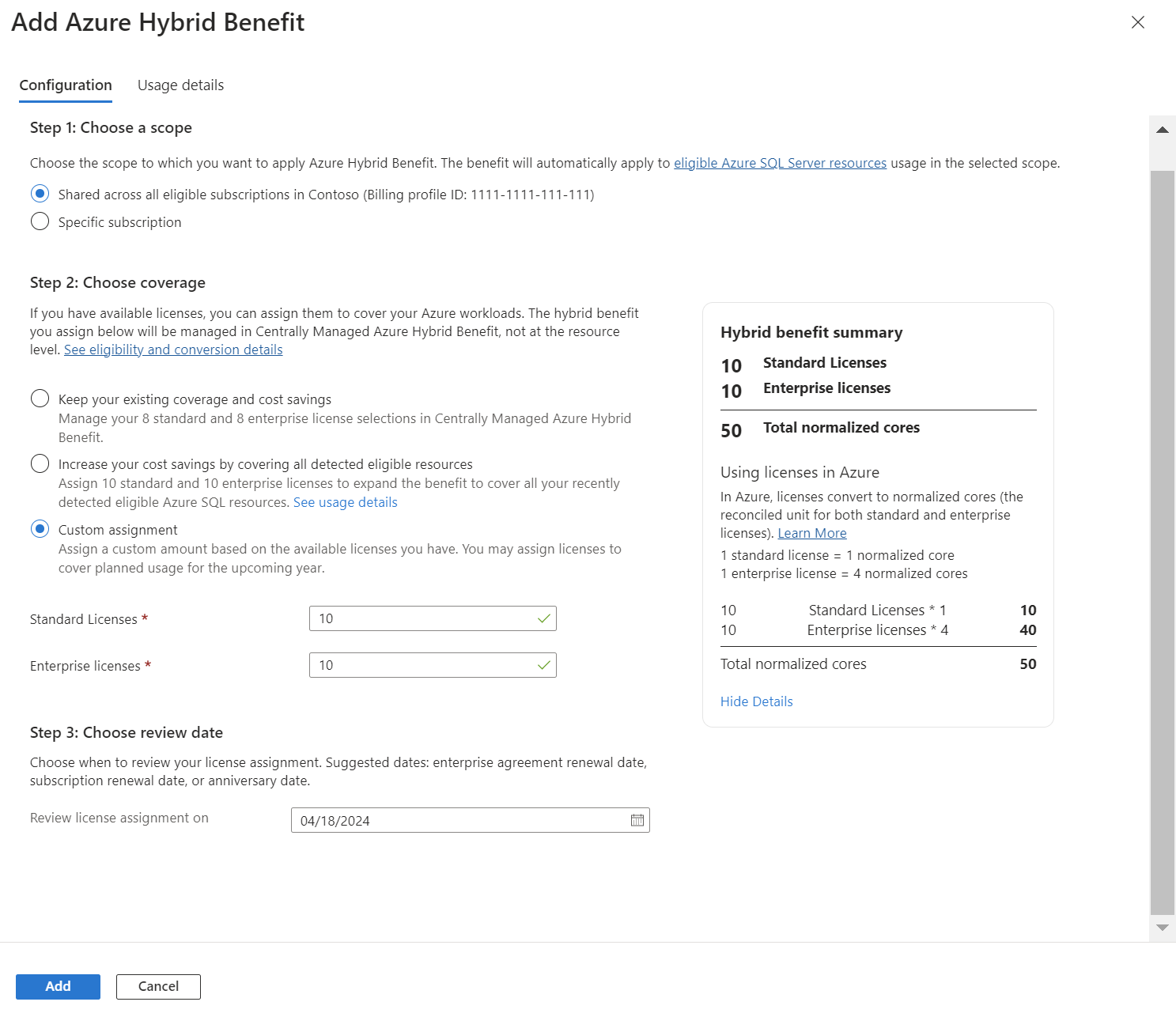 Screenshot showing scope selection and number of licenses.