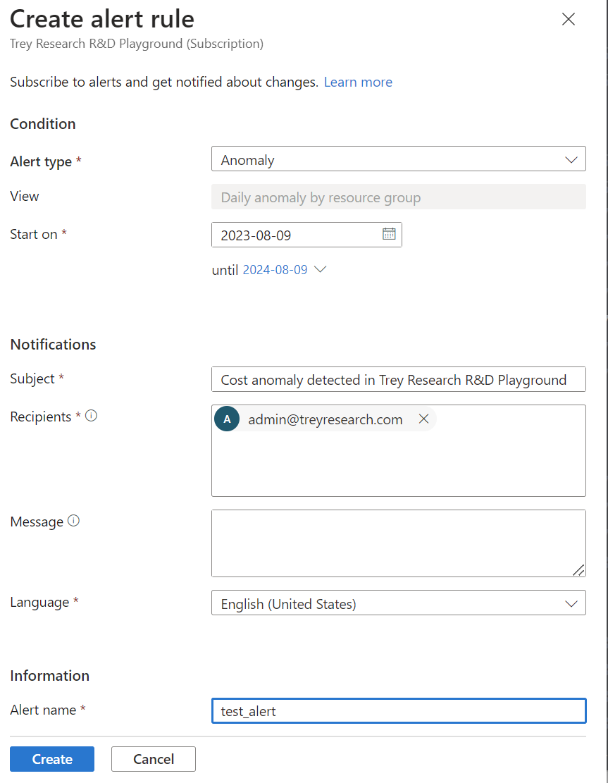 Screenshot showing the Create alert rule page where you enter notification information for an alert.