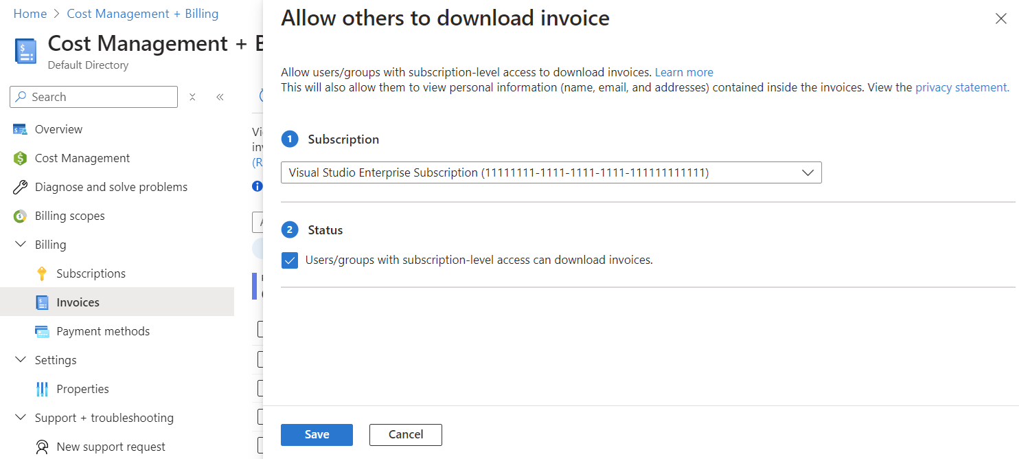 Screenshot showing the Allow others to download invoice dialog.