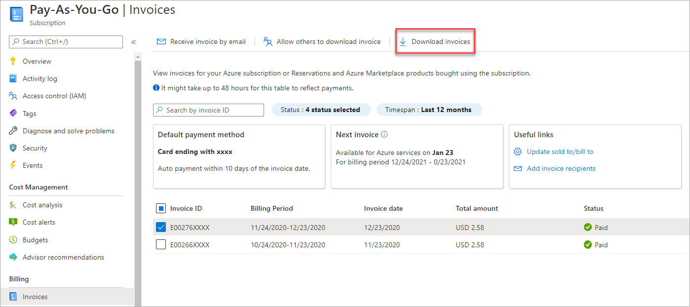 Screenshot that shows the download option for an M O S P invoice.