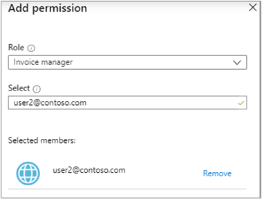 Screenshot that shows adding a user as an invoice manager.