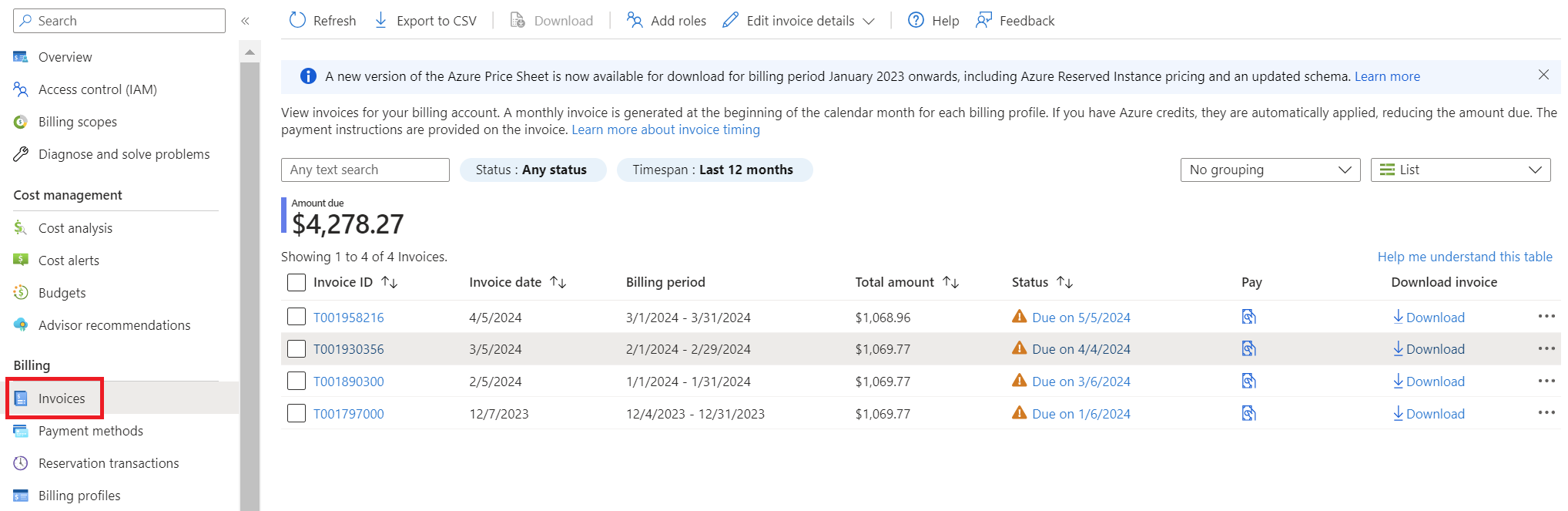 Screenshot showing the invoices page for an M C A billing account.