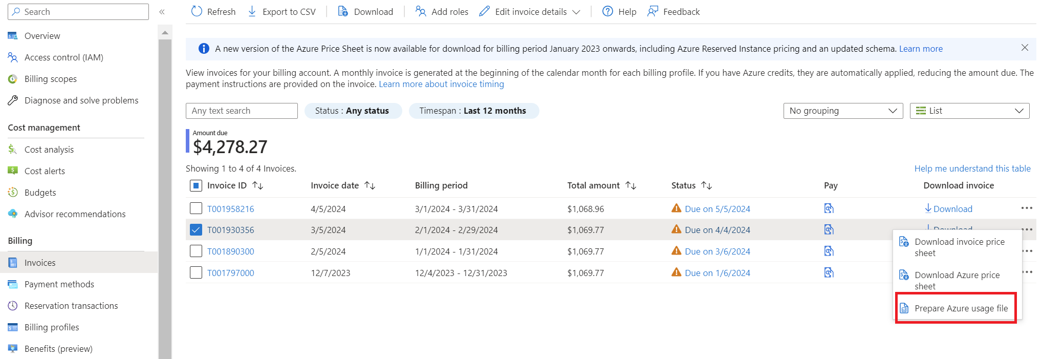Screenshot that shows the Prepare usage file option.