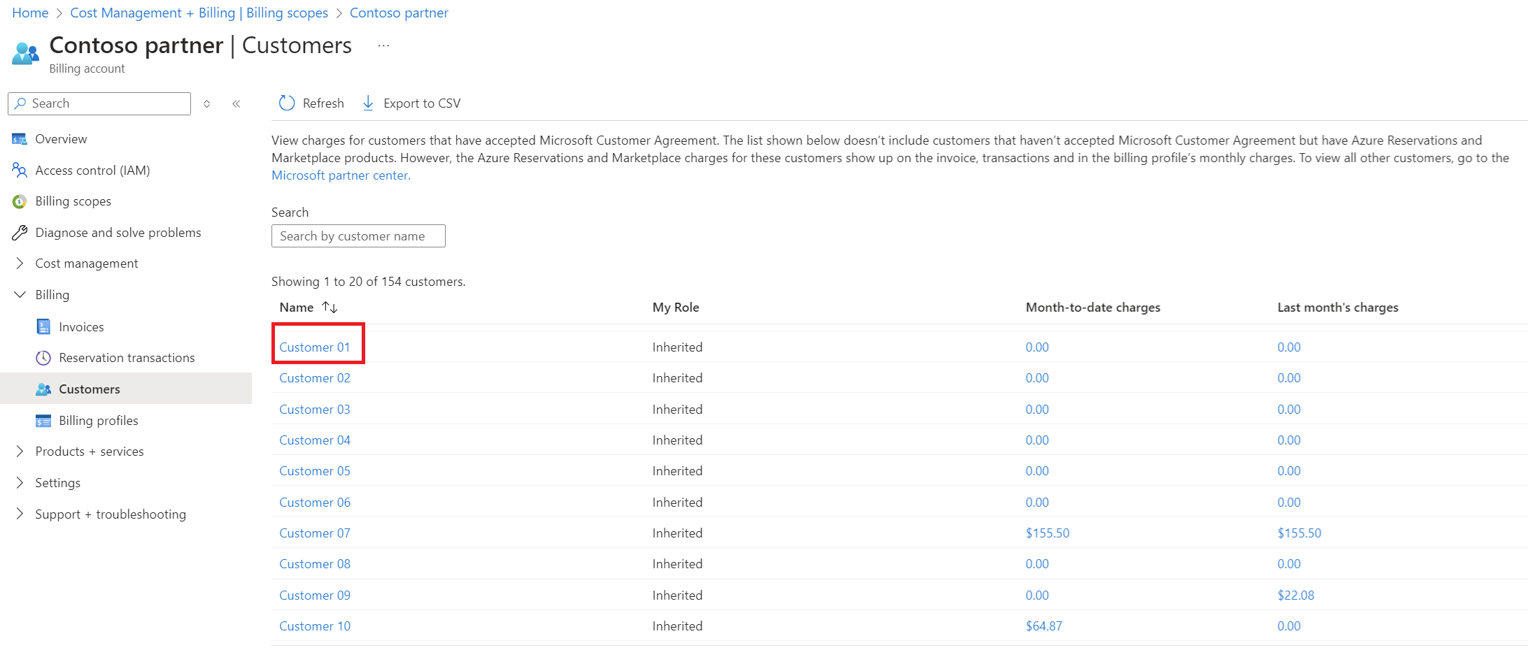 Screenshot that shows the customer list.