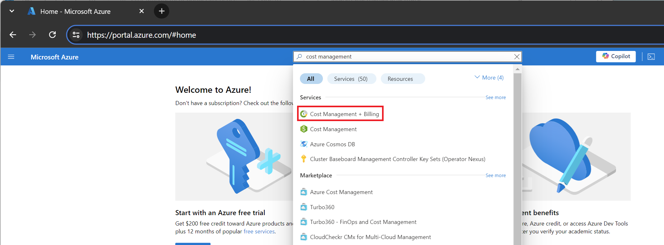 Screenshot showing Azure portal search for Cost Management + Billing.