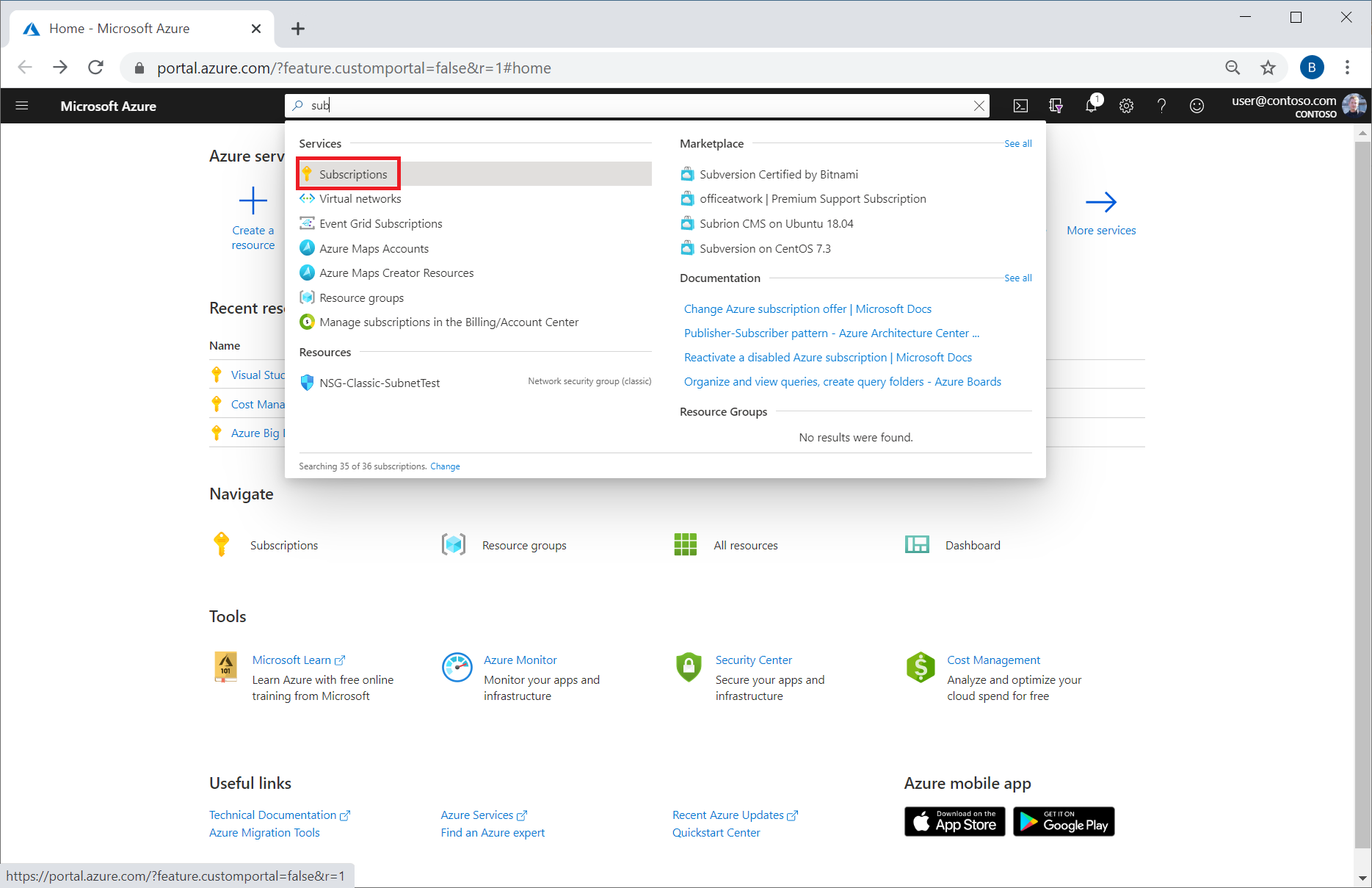 Screenshot showing navigation to subscriptions.