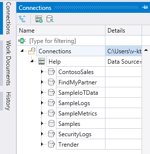 Screenshot of the Connections panel that shows the Help cluster's databases.