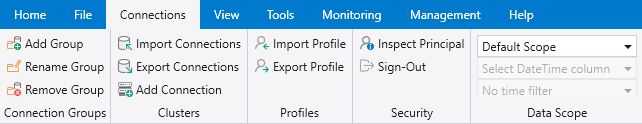 Screenshot of the Connections tab that shows the Connection tab's five sections.