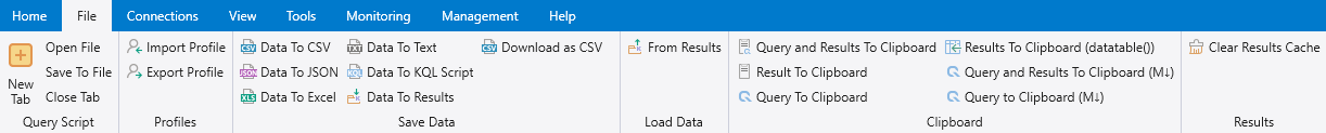 Screenshot of the File tab that shows the File tab's five sections.
