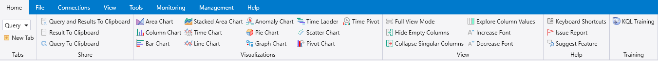 Screenshot of the Home tab that shows the Home tab's five sections.