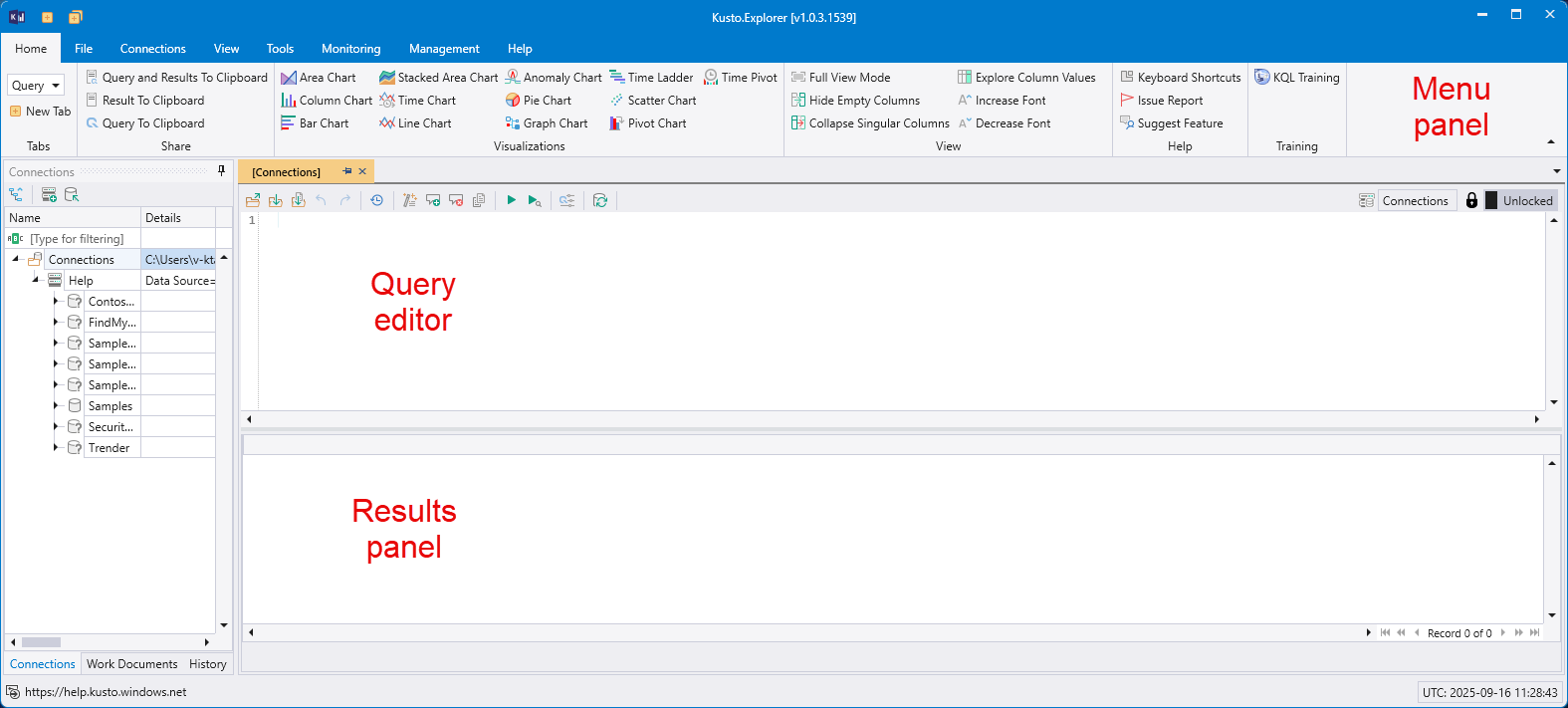 Screenshot of Kusto.Explorer showing four main panels: menu, connections, script, and results.