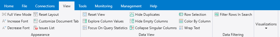 Screenshot of the View tab showing four sections: Appearance, Data View, Data Filtering, and Visualizations.