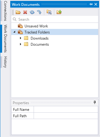 Screenshot of the Work documents pane showing Unsaved work and Tracked folders.