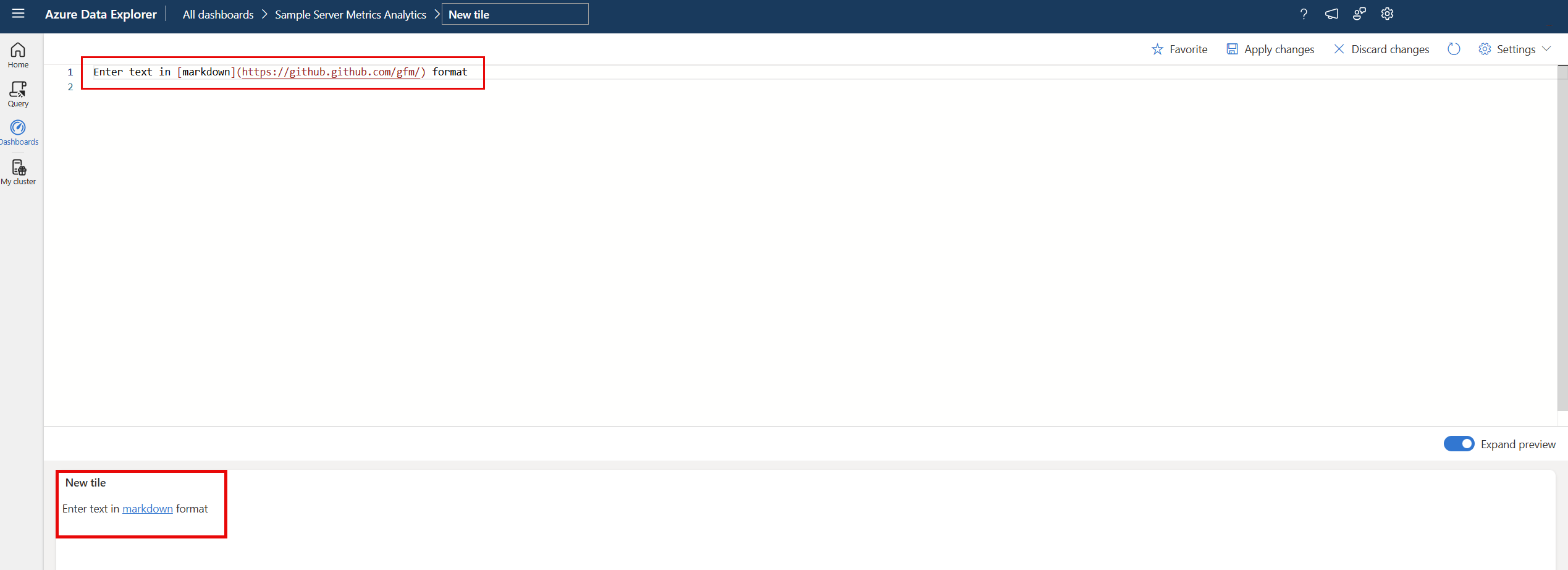 Screenshot of dashboard query pane showing image syntax in markdown text.
