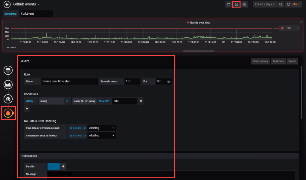 Screenshot of the pane for selecting the alert properties.