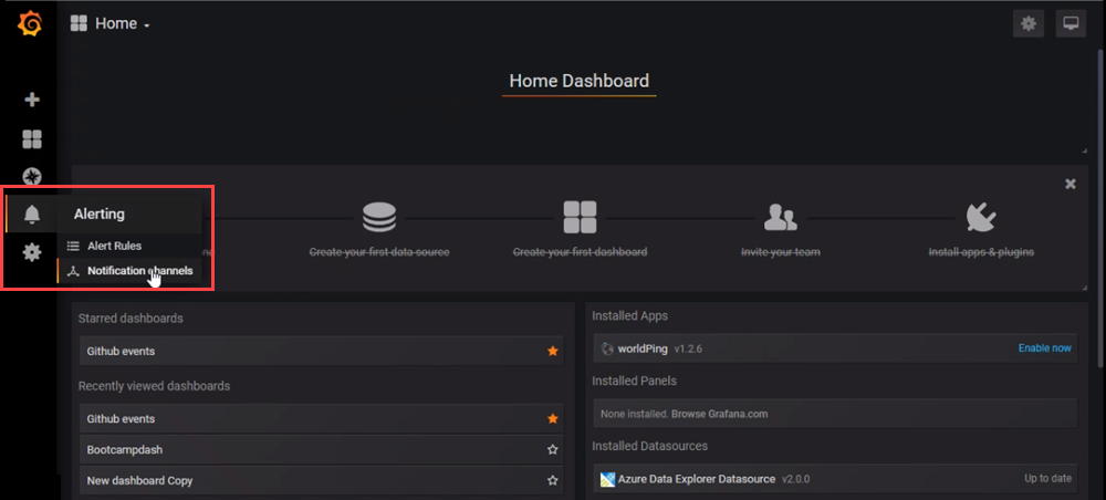 Screenshot of the dashboard with the option for creating a notification channel highlighted.