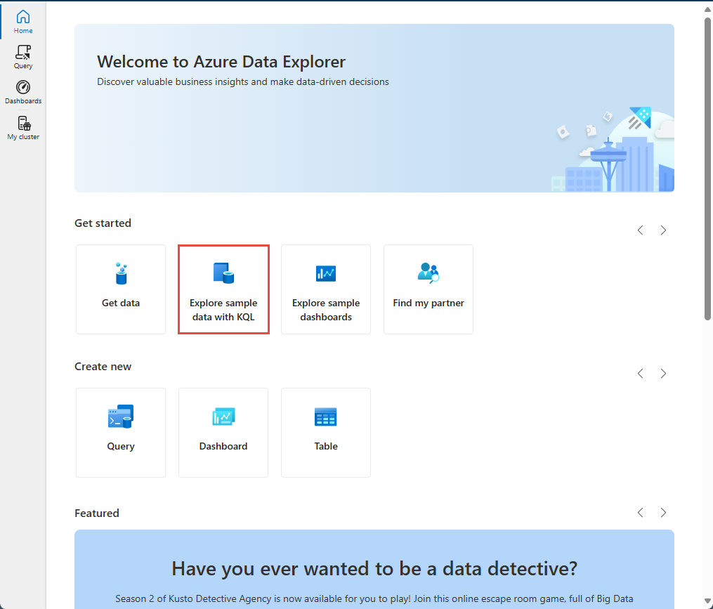 Screenshot of the Azure Data Explorer web U I showing the home page.
