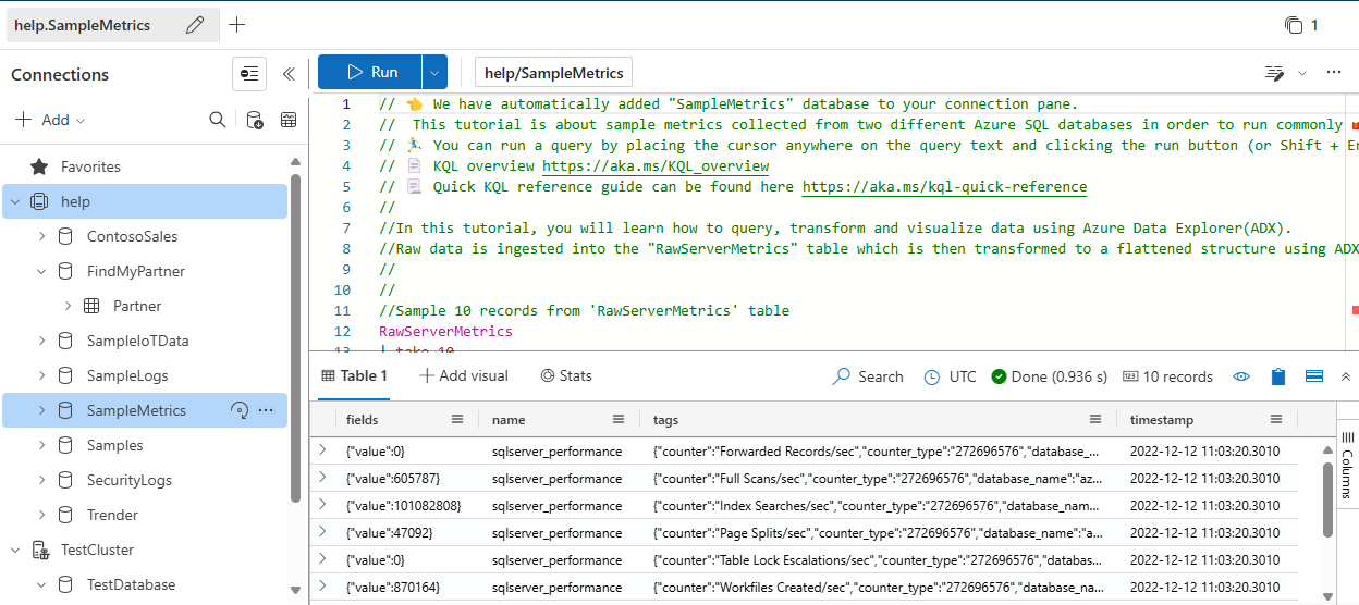 Screenshot showing the query editor window with sample tutorials.