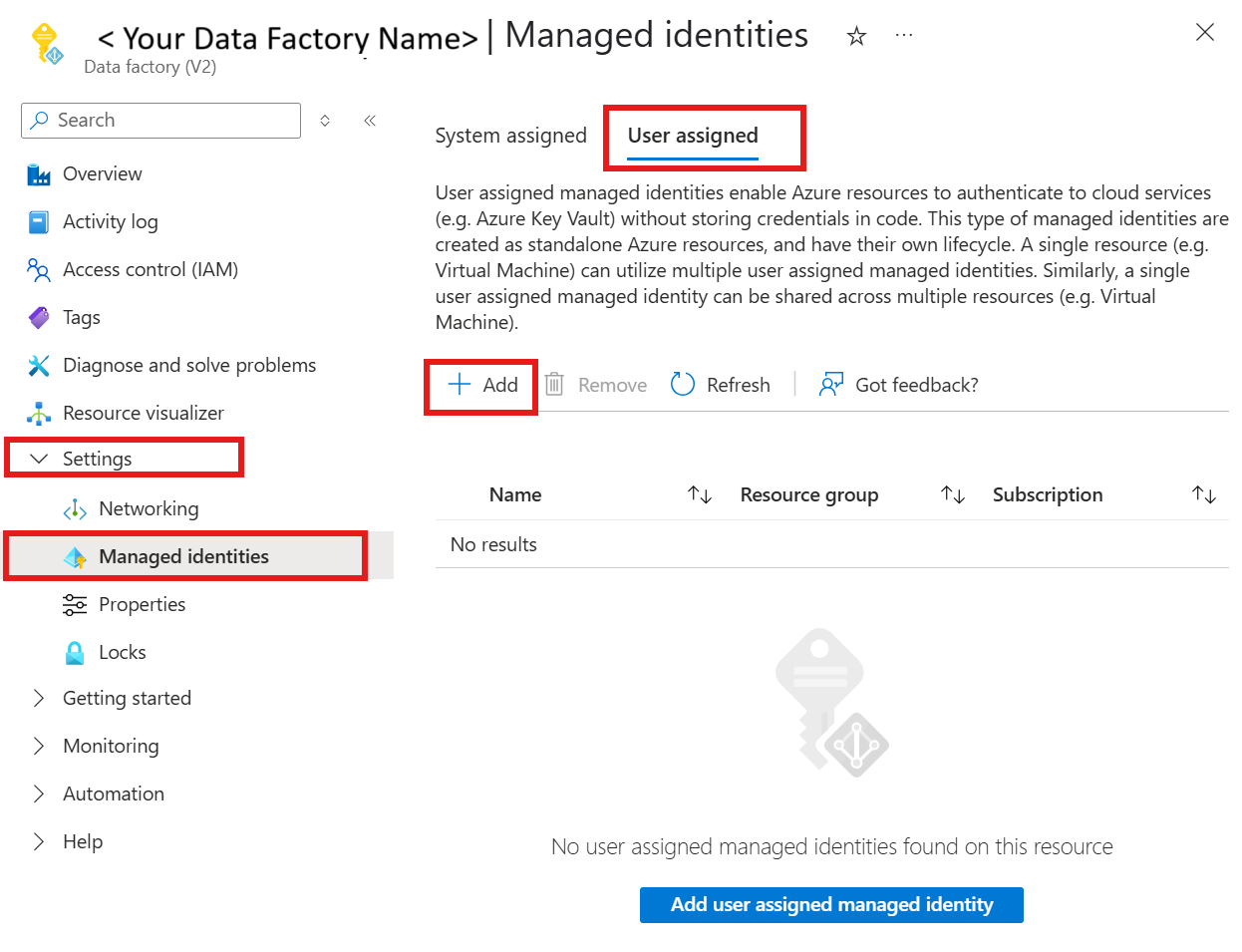 Screenshot of the user-assigned managed identity configuration in the Azure Data Factory resource.