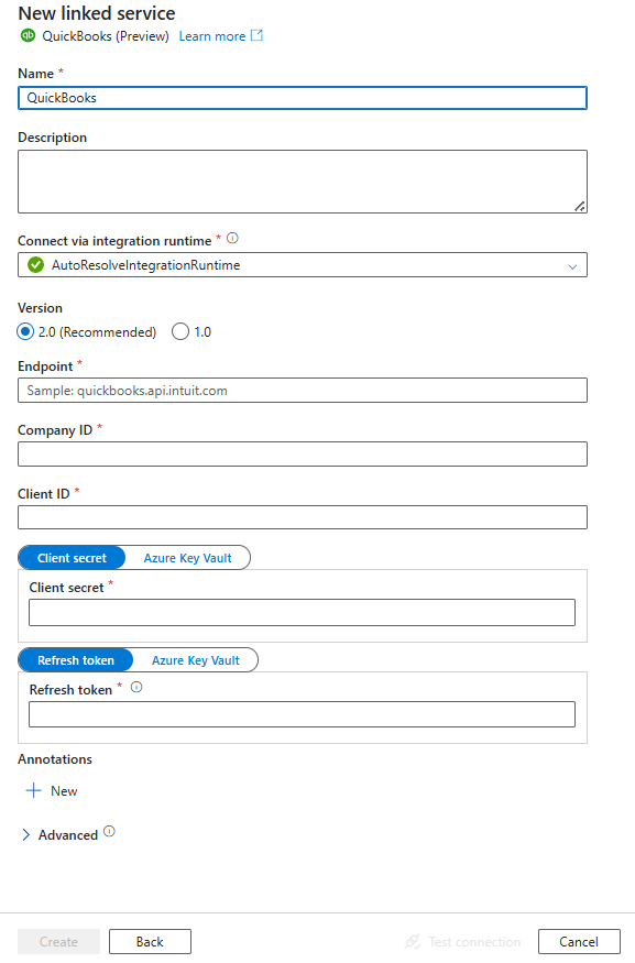 Screenshot of the pane for linked service configuration for QuickBooks.