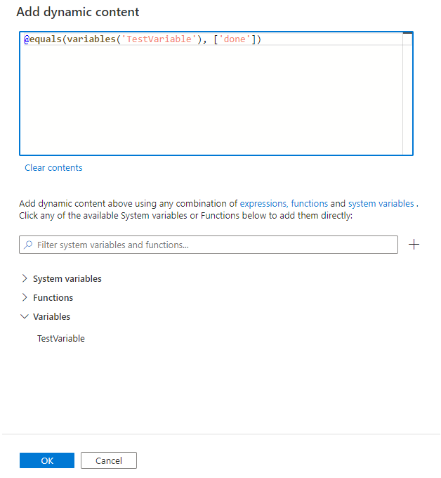 Shows the  Add dynamic content  pane with an expression to check a variable for a defined value.