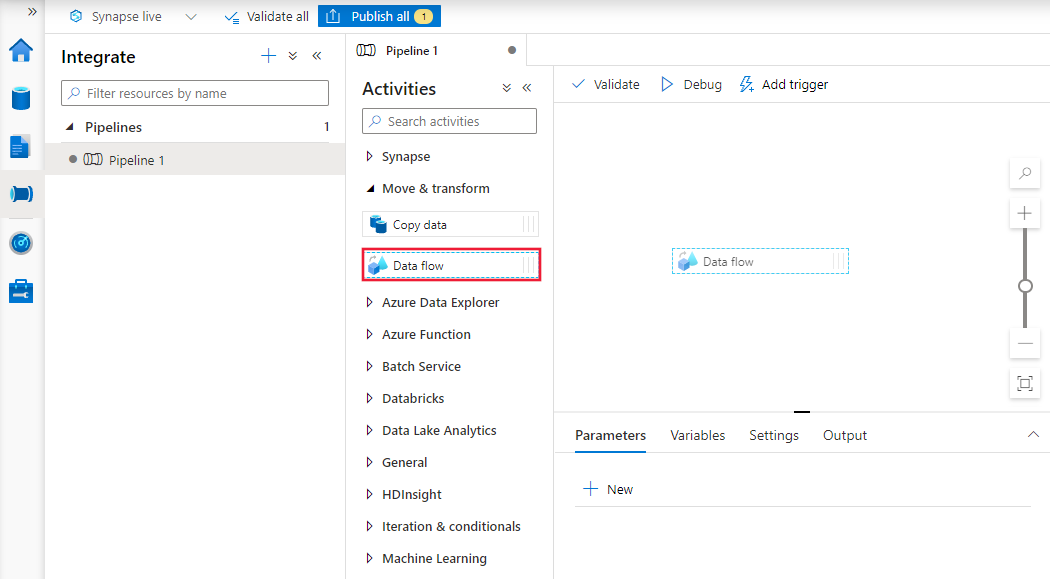 Screenshot that shows selections for adding an empty data flow to a pipeline directly.
