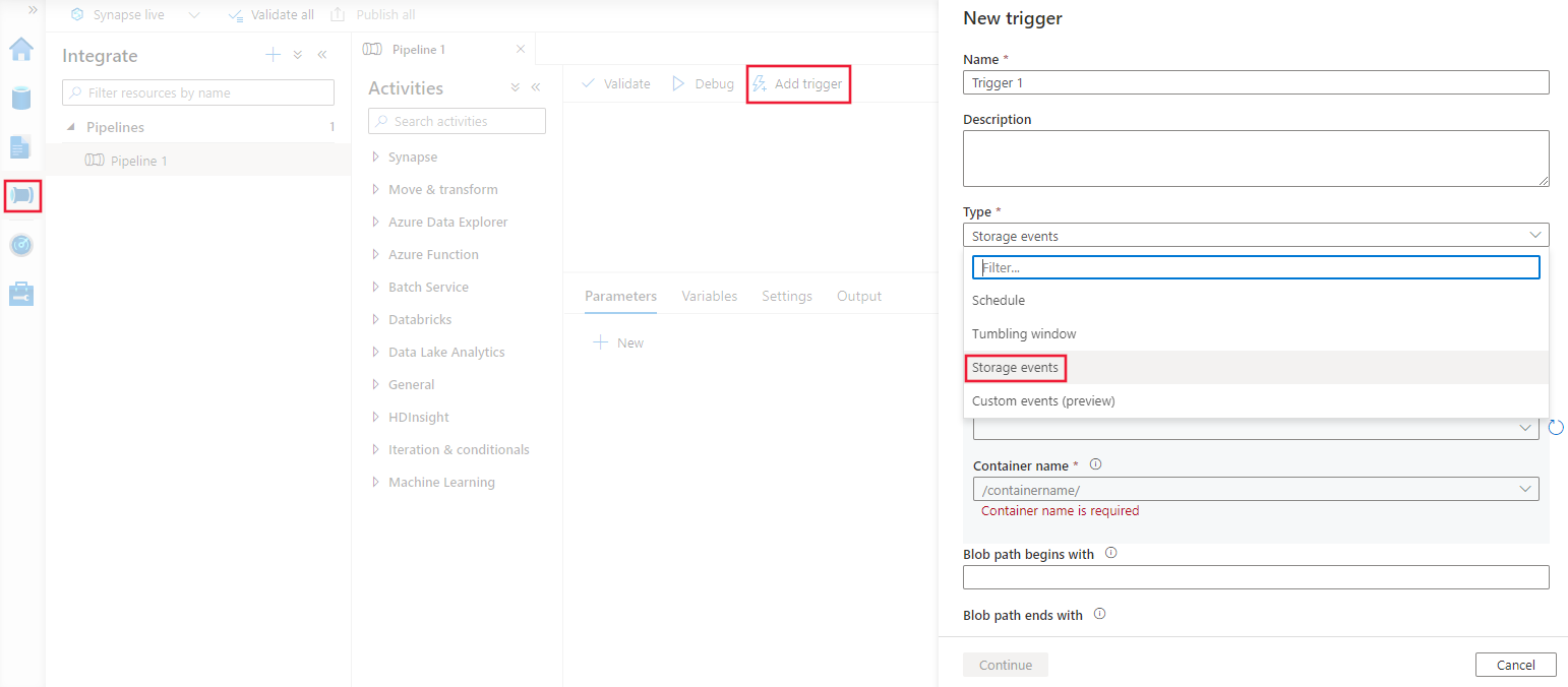 Screenshot that shows creating a new storage event trigger in the Azure Synapse Analytics UI.
