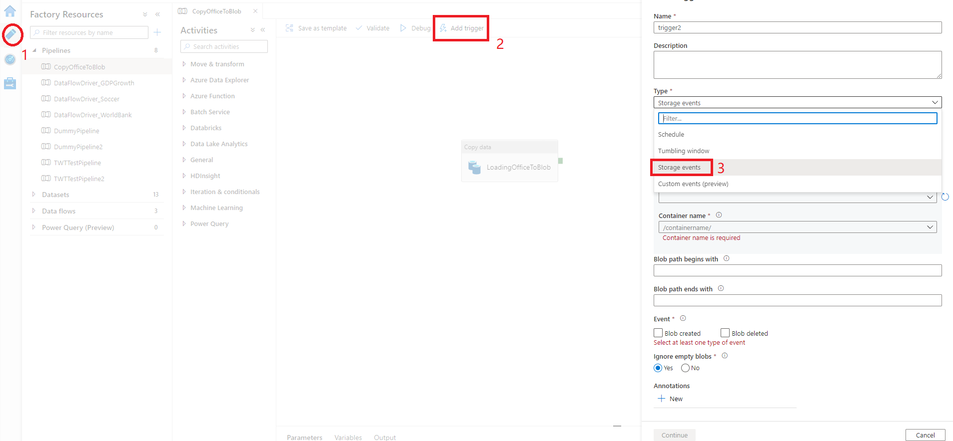 Screenshot that shows creating a new storage event trigger in the Data Factory UI.