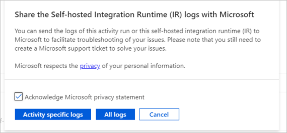 Screenshot of the "Share the self-hosted integration runtime (IR) logs with Microsoft" window.