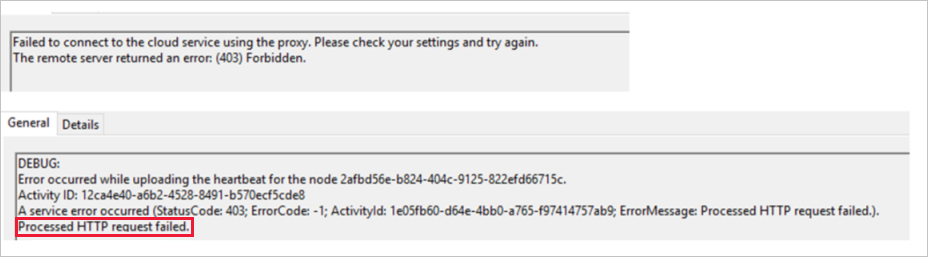 Screenshot of a "Processed HTTP request failed" message
