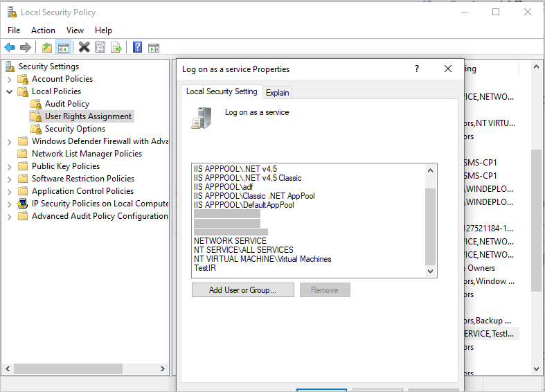 Screenshot of the "Log on as service" properties pane.