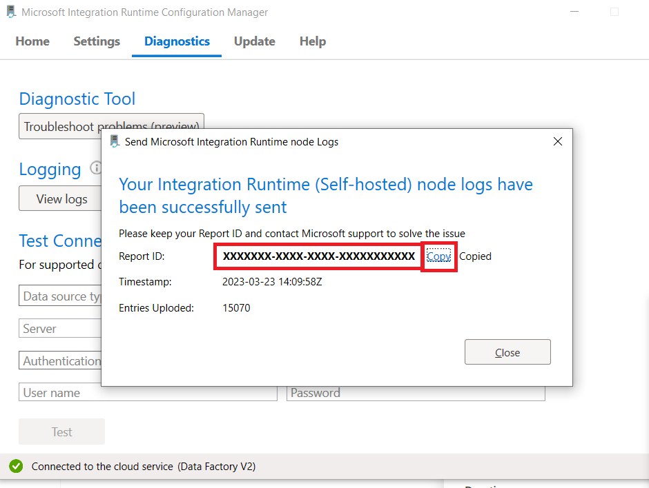 Screenshot of the displayed report ID in the upload progress window for the Purview SHIR logs.
