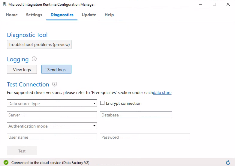 Screenshot of the send logs button on the self-hosted integration runtime (SHIR) to upload logs to Microsoft.