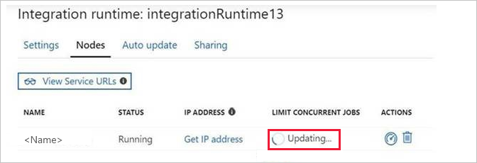 Screenshot of the Nodes pane of the integration runtime, displaying the process stuck in "Updating" status.
