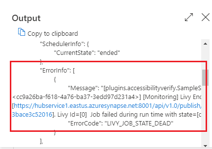 Screenshot of the output user error for a Notebook activity.