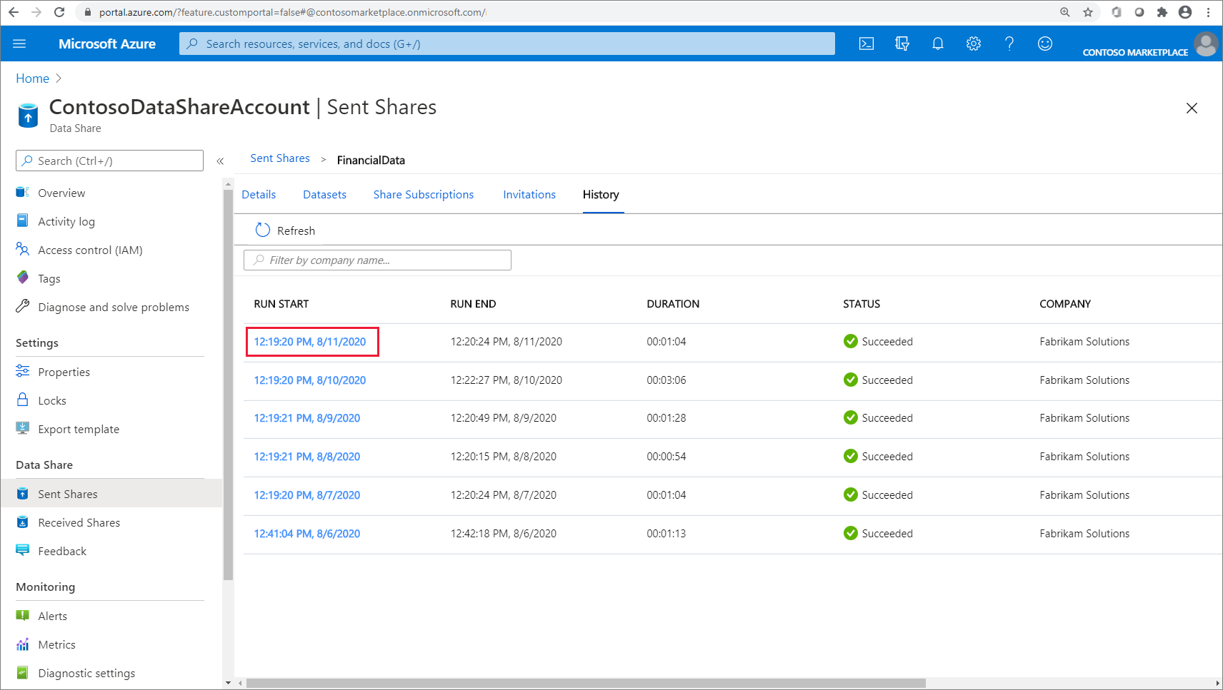 Snapshot history Screenshot of the share snapshot history.
