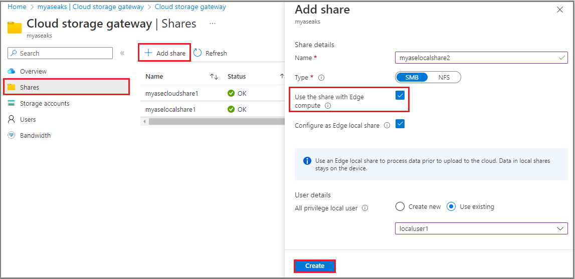 Screenshot that shows Cloud storage gateway to add a share with the Use the share with Edge compute option.