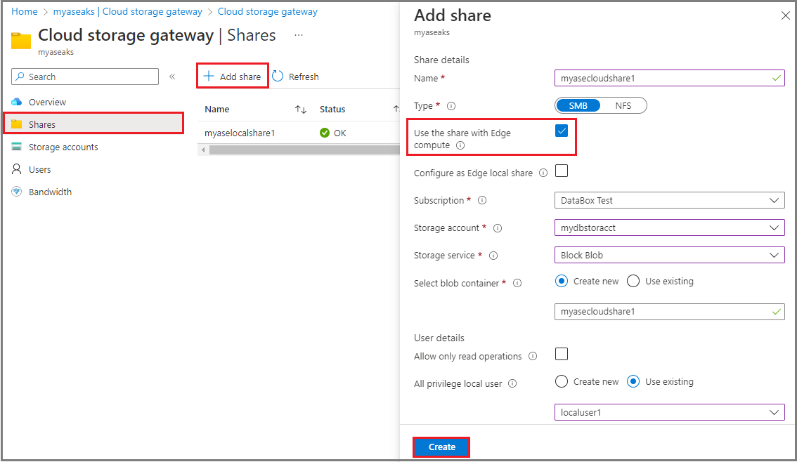 Screenshot that shows Cloud storage gateway to add a share with the Use the share with Edge local share option enabled.