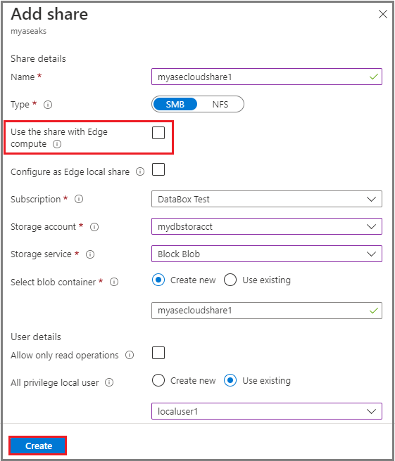 Screenshot that shows the Add share dialog for Persistent volume with compute not enabled inline during share creation.