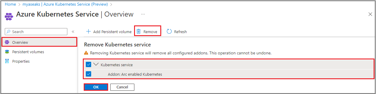 Screenshot that shows the Azure Kubernetes Service Overview page with the Remove confirmation.