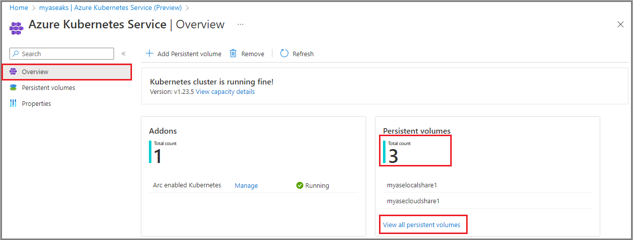 Screenshot that shows the Azure Kubernetes Service Overview page with Persistent Volumes.