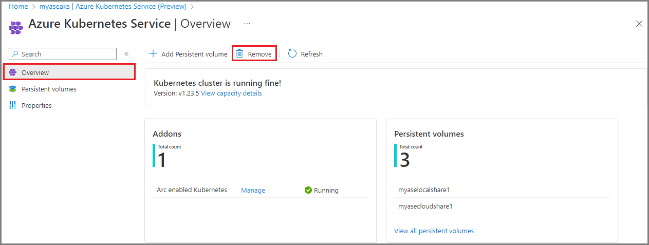 Screenshot that shows the Azure Kubernetes Service Overview page with the Remove option.