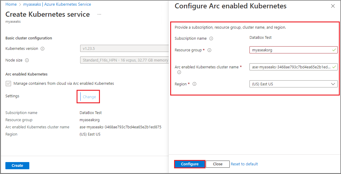 Screenshot that shows the Configure Arc enabled Kubernetes options part of creating the Kubernetes service on the Azure portal.