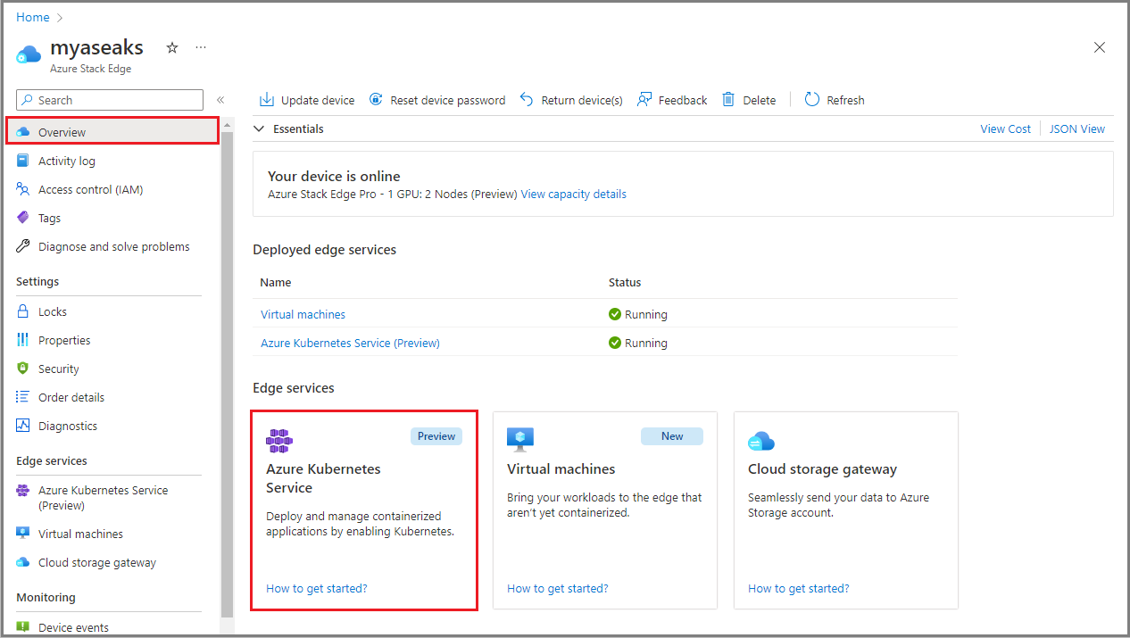 Screenshot that shows the Azure Stack Edge resource Overview page with the Azure Kubernetes Service tile selected.