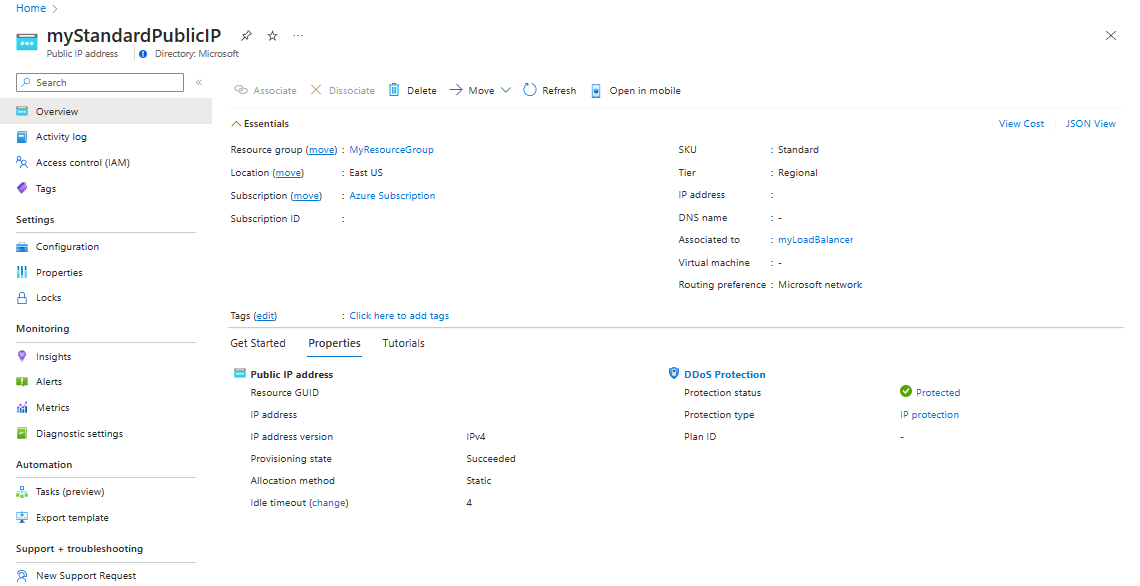 Screenshot of status of IP Protection in Public IP Properties.
