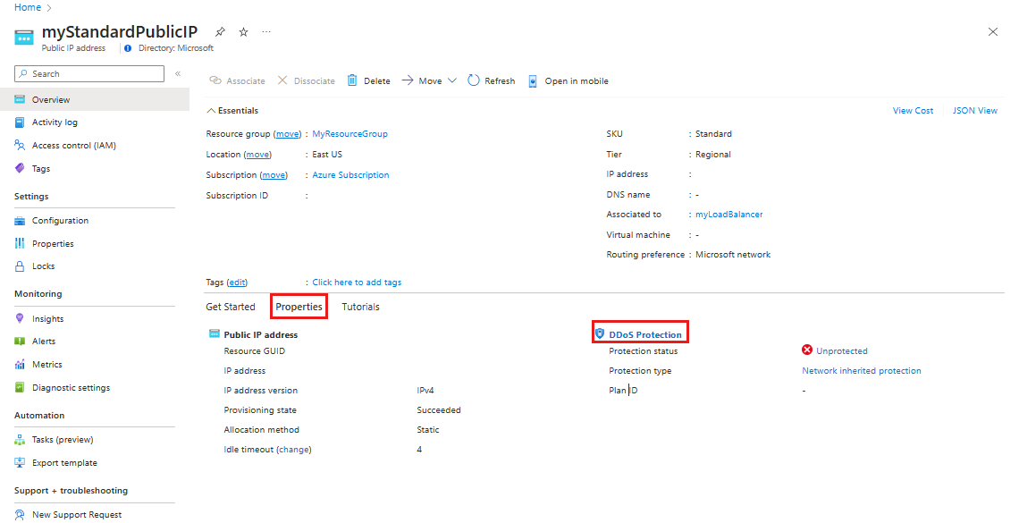 Screenshot showing view of Public IP Properties.