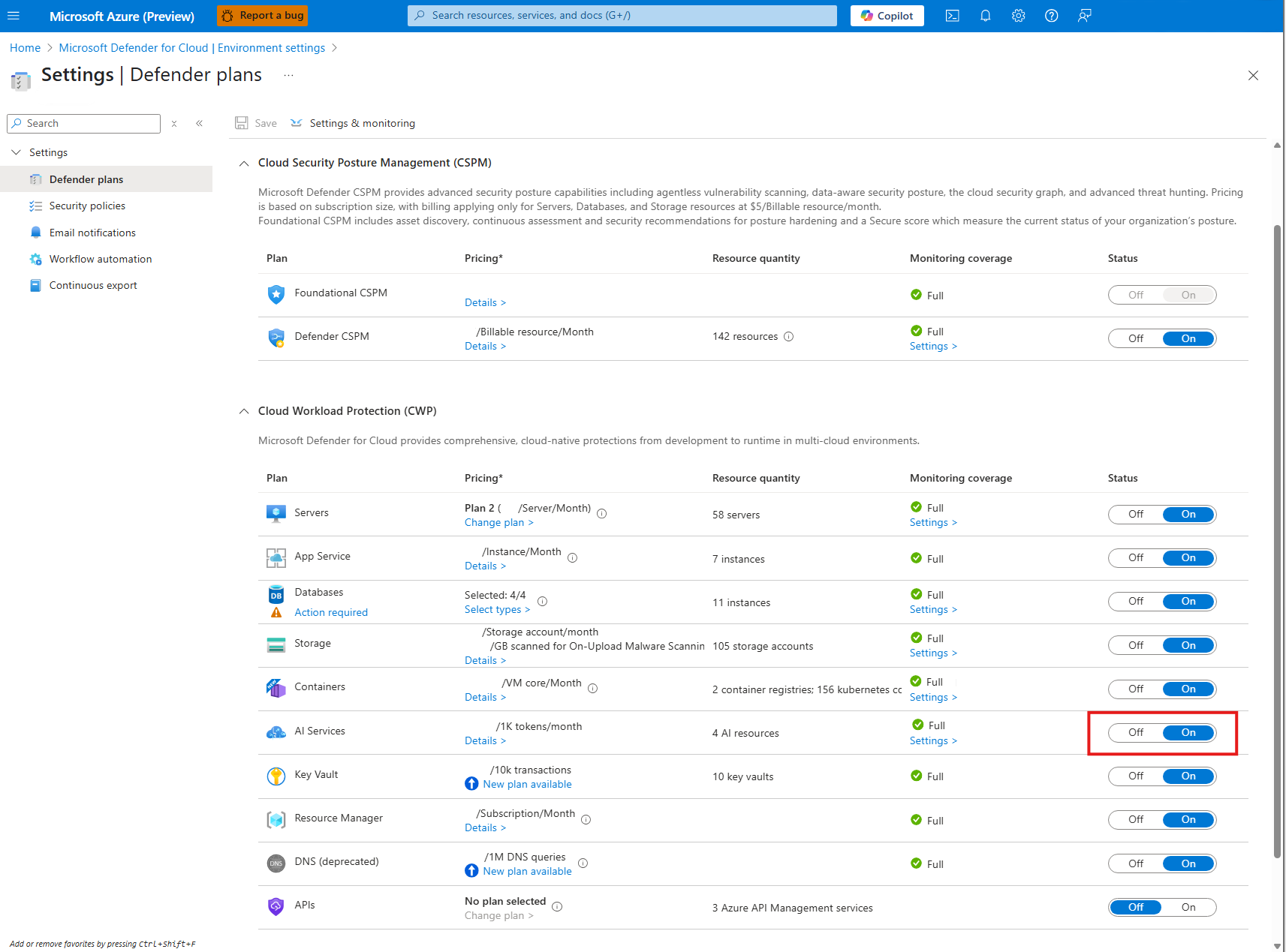 Screenshot that shows you how to toggle threat protection for AI services to on.